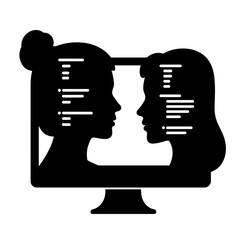 Silhouette faces with code inside computer screen, digital communication concept