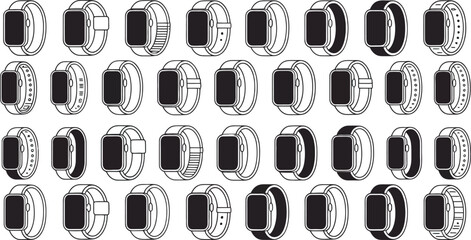 Poster - Collection of various modern smartwatch designs in a simple black and white outline style