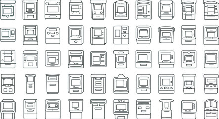 Aufkleber - collection of line art illustrations depicting diverse kinds of automated teller machines