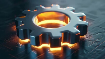 Poster - High quality animation of a metallic gear with glowing edges on a textured surface in a dark setting showcasing intricate design and craftsmanship