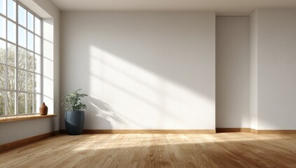 Aufkleber - Modern empty room interior with white walls and natural wooden flooring, sunlight casting shadows through large windows, ideal for real estate, design mockups, and interior presentations