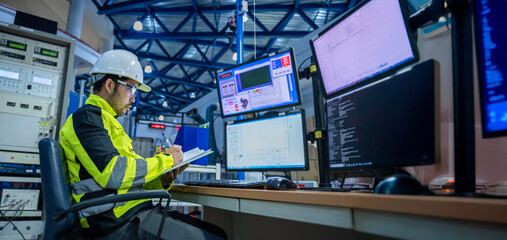 Engineer working at control room,Manager control system,Technician man monitoring program from a lot of monitor