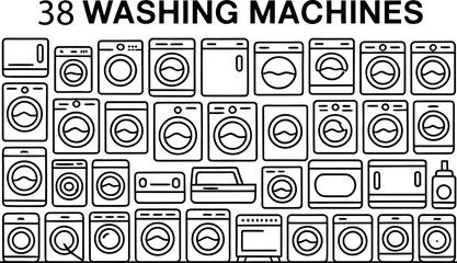 Aufkleber - collection of thirty eight black and white washing machine icons and outlines