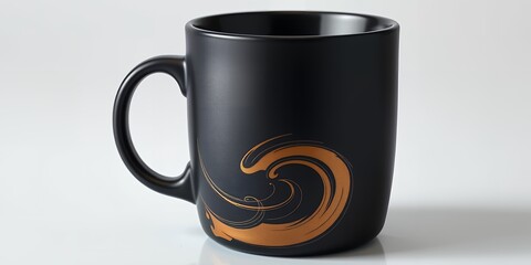 Poster - A close up shot of a black mug with a golden wave design against a white background surface