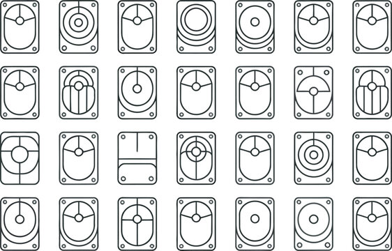 Collection of minimalist computer mouse designs in a grid pattern for various applications