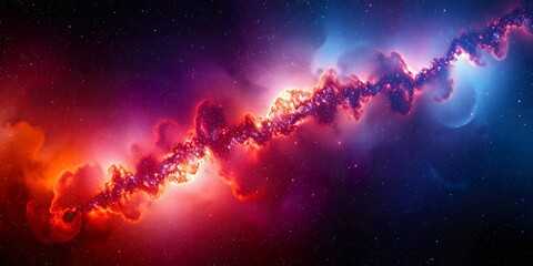 Poster - A vibrant cosmic landscape featuring a nebula with hues of red, purple, and blue in outer space