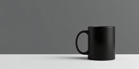 Poster - A matte black ceramic mug with a handle sitting on a white surface against a gray background