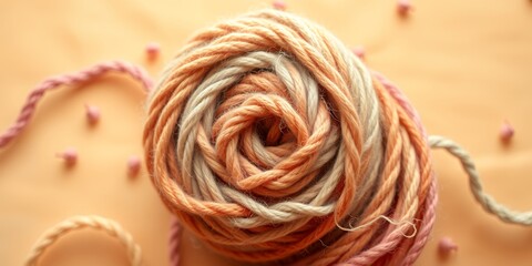 Poster - Close up of a ball of yarn with peach pink and white colors on a peach background with yarn pieces