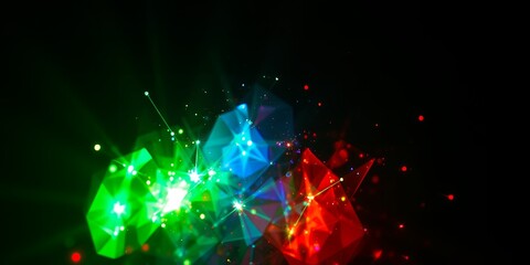 Poster - Abstract rendering of colorful geometric shapes with glowing particles on a dark background