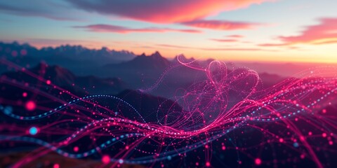 Poster - A scenic view of mountains at sunset with abstract pink and blue light trails overlaying the scene