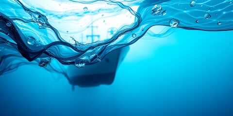 Poster - A view of a boat underwater with water droplets and waves in a blue ocean environment scene