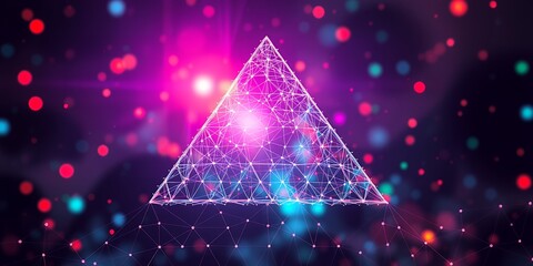 Poster - A glowing wireframe pyramid floating in a vibrant space with bokeh lights and purple background