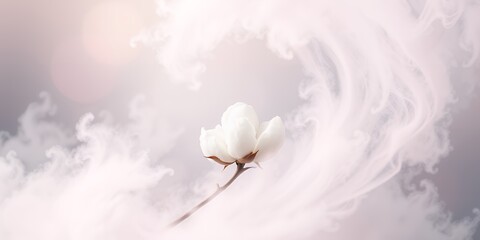 Poster - A single cotton flower with stem surrounded by soft white and pink clouds in dreamy aesthetic