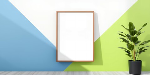 Poster - A blank poster in a wooden frame hanging on a wall with a geometric design and a potted plant near it