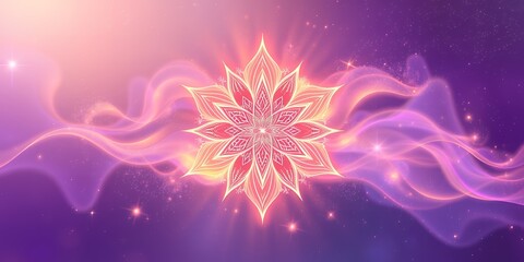 Poster - A stylized lotus flower with a pink and white glow on a purple and pink dreamy background