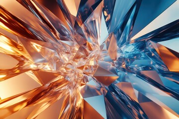Poster - Geometric low poly abstract tech design in blue and bronze hues with sharp angles and crystal-like formations, Blue and bronze geometric low poly abstract tech motion background