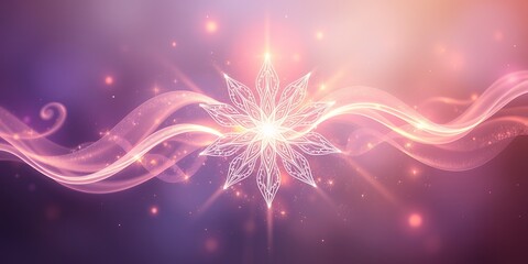 Poster - A glowing flower design with swirling light trails against a purple and pink gradient background