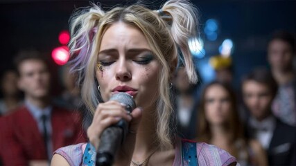 Poster - Young woman with blonde hair tied in two ponytails holding microphone and singing on stage in front of audience