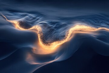 Poster - Dawn light reflects on gentle sea wave washing over smooth sand, sea wave at dawn runs on smooth sand