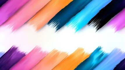 Poster - Vibrant diagonal brush strokes in purple, orange, and blue colors create dynamic abstract pattern on white background, suitable for modern graphic design projects.