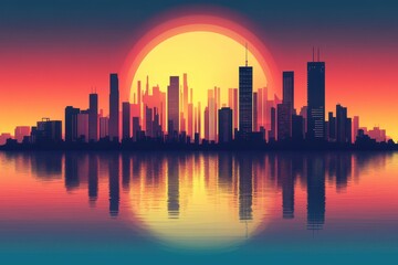 Poster - Vibrant sunset over a futuristic city skyline reflecting on tranquil waters, 3D Hud Sunset City of the future