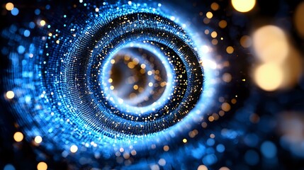 Aufkleber - Glowing blue spiral tunnel with particles and bokeh lights creating futuristic vortex effect against dark background, digital technology concept.