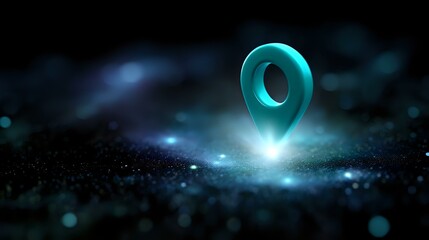 Aufkleber - Glowing blue location pin marker floating in dark space with bokeh light effects and particles, modern navigation concept for mobile apps and websites.