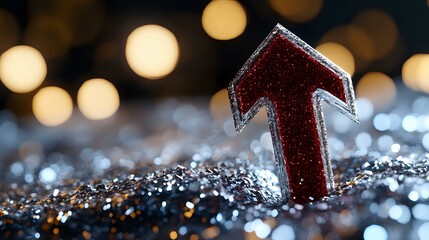 Poster - Red glittery arrow pointing upward against dark background with golden bokeh lights, symbolizing growth, success and positive direction in business concept.