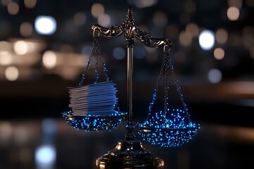 Poster - Vintage brass scales of justice with glowing blue digital data points balancing against stack of paper documents on dark background with bokeh lights.