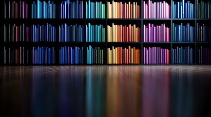 Poster - Colorful books arranged on dark library shelves creating rainbow spectrum effect with reflection on glossy floor. Dramatic lighting highlights vibrant spines.