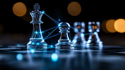 Poster - Glass chess pieces with glowing blue network connections on dark background, symbolizing strategy, artificial intelligence and business leadership concept.