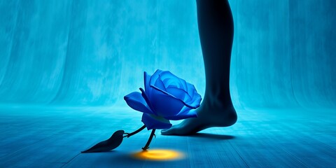 Poster - A blue rose with a single leaf illuminated by a light next to a bare foot on blue background