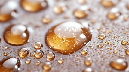 Poster - Golden water drops on hydrophobic surface create abstract macro pattern with amber spheres and light reflections in warm tones against blurred background.