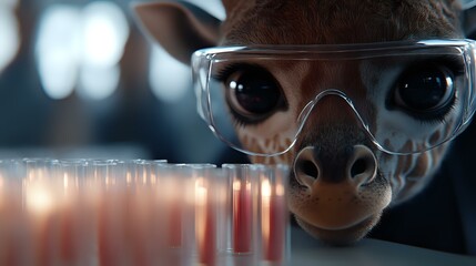 Poster - Close up view of brown horse wearing protective safety goggles examining laboratory test tubes in scientific research setting, dramatic lighting creates professional atmosphere.