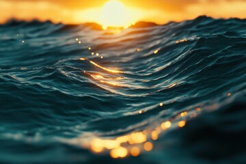 Poster - Sunset light dances on rippling ocean waves at twilight, At sunset, the setting sun shines on the rippling wavelets of the sea