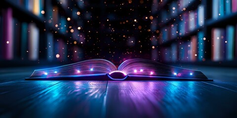 Poster - Magical glowing open book with floating light particles against dark background with neon blue and purple lights, creating mystical atmosphere for fantasy concepts.