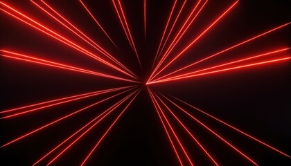 Poster -  futuristic red laser tunnel with symmetrical glowing light beams converging into vanishing point on black background for sci-fi poster, tech branding, digital art, or web design