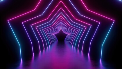 Poster -  futuristic neon tunnel with glowing pentagon-shaped outlines in vibrant magenta and cyan tones, perfect for tech branding, digital art, web design, or sci-fi visuals