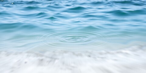 Poster - Ripples spreading across a calm blue sea surface near the shoreline with white foam waves edge