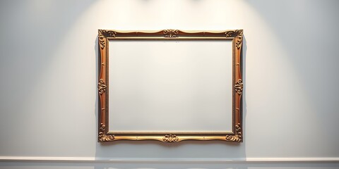 Poster - Ornate gold picture frame hanging on a white wall with spotlights shining from above centered view