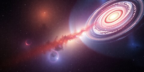 Poster - Artistic depiction of a galaxy with spiral arms and a red nebula in a star filled space scene