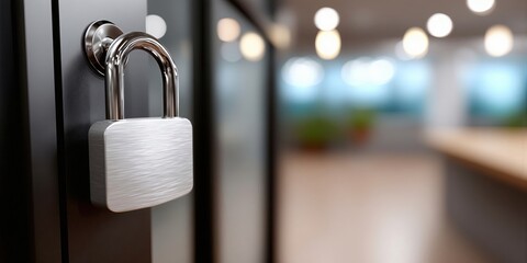 Fototapete - Silver Padlock Securing a Door in Modern Office, Symbolizing Data Protection and Cybersecurity Solutions for Business Continuity and Privacy : Generative AI