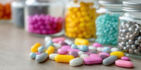 Aufkleber - Assorted Pills and Capsules Scattered With Jars of Colorful Beads, Representing Healthcare and Pharmaceutical Research : Generative AI