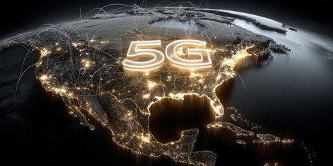Poster - Glowing 5G Network Over North America at Night, Illustrating Global Connectivity and Digital Transformation for Business : Generative AI