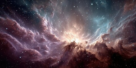 Poster - Dramatic Nebula Cloudscape With Starfield and Light Burst, Representing Cosmic Exploration and Scientific Discovery for Space Exploration : Generative AI