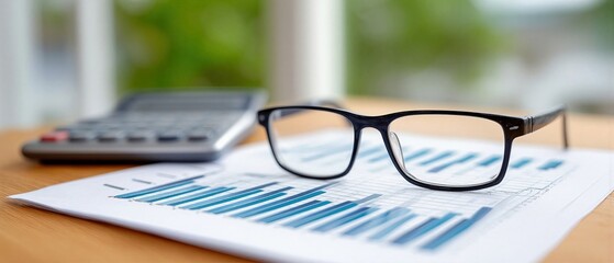 Poster - Eyeglasses Resting on Financial Bar Graph With Calculator, Representing Data Analysis and Business Intelligence for Strategic Planning and Investment : Generative AI