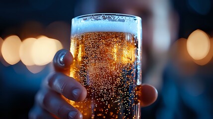 Poster - Cold glass of light beer with bubbles and foam held up against blurred bokeh lights background, refreshing alcoholic beverage close up view.