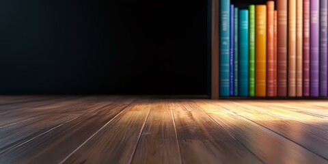 Poster - Colorful book spines lined up on wooden shelf with dramatic lighting and shallow depth of field creating atmospheric library or study scene on dark background.