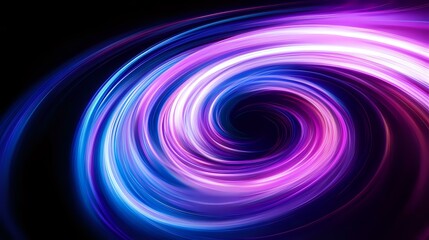 Poster - Glowing neon spiral swirl with vibrant pink and blue light trails against black background creates dynamic motion effect for abstract design projects.