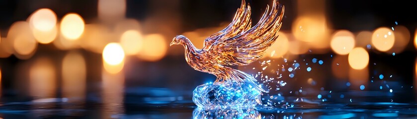 Poster - Magical glowing phoenix rising from blue water surface against blurred golden bokeh lights background, fantasy art concept with splashing effect.